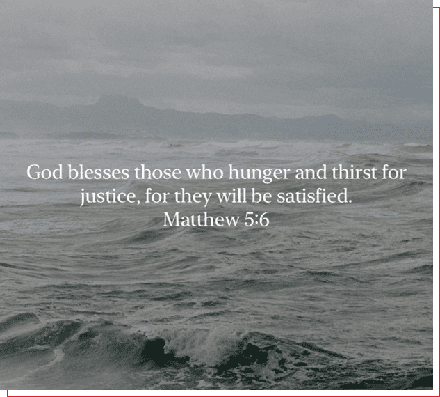 Waves crash under a gray sky with a Bible verse about justice and satisfaction.